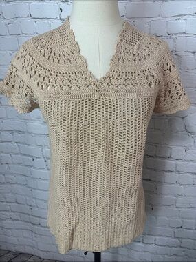 Vintage Flair Handcrafted Sweater Size M Beige Open Knit Boho Cotton Pullover